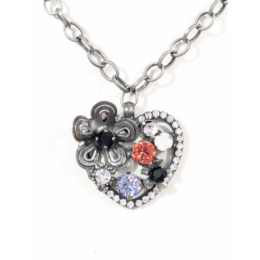 Silver Tone‎ Purple Rhinestone Flower Heart Pendant Necklace Sparkle Love 20 in